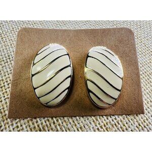 Vintage Napier Gold Tone Enamel Striped Oval Stud Pierced Earrings
